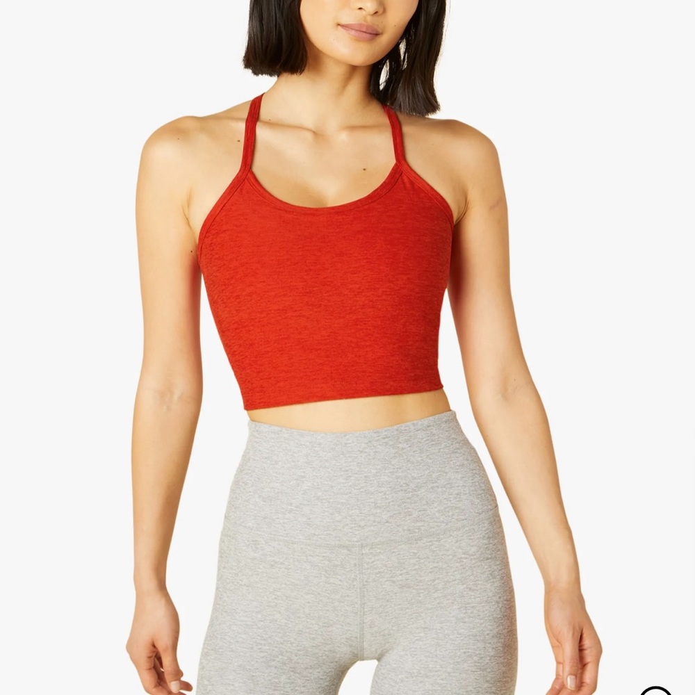 beyond yoga spacedye slim racerback cropped tank in red hot siren